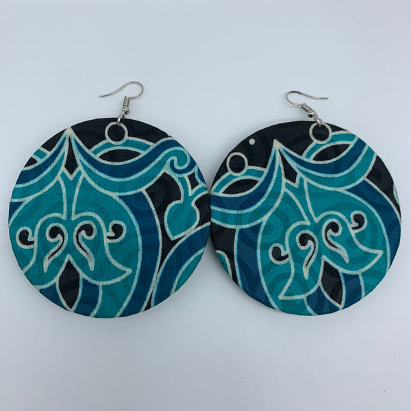 African Print Earrings-Round W/Button L Blue Variation 3