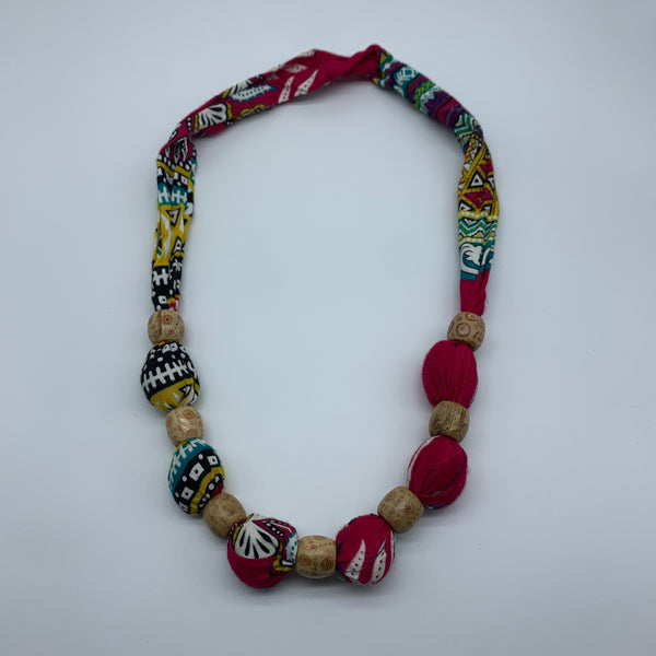 African Print Necklace W/Wooden Beads-Pink Variation 2 - Lillon Boutique