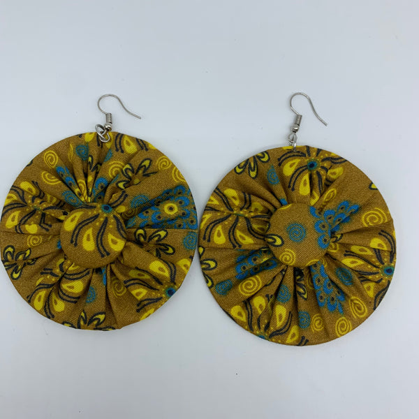 African Print Earrings-Round W/Button L Yellow Variation 2