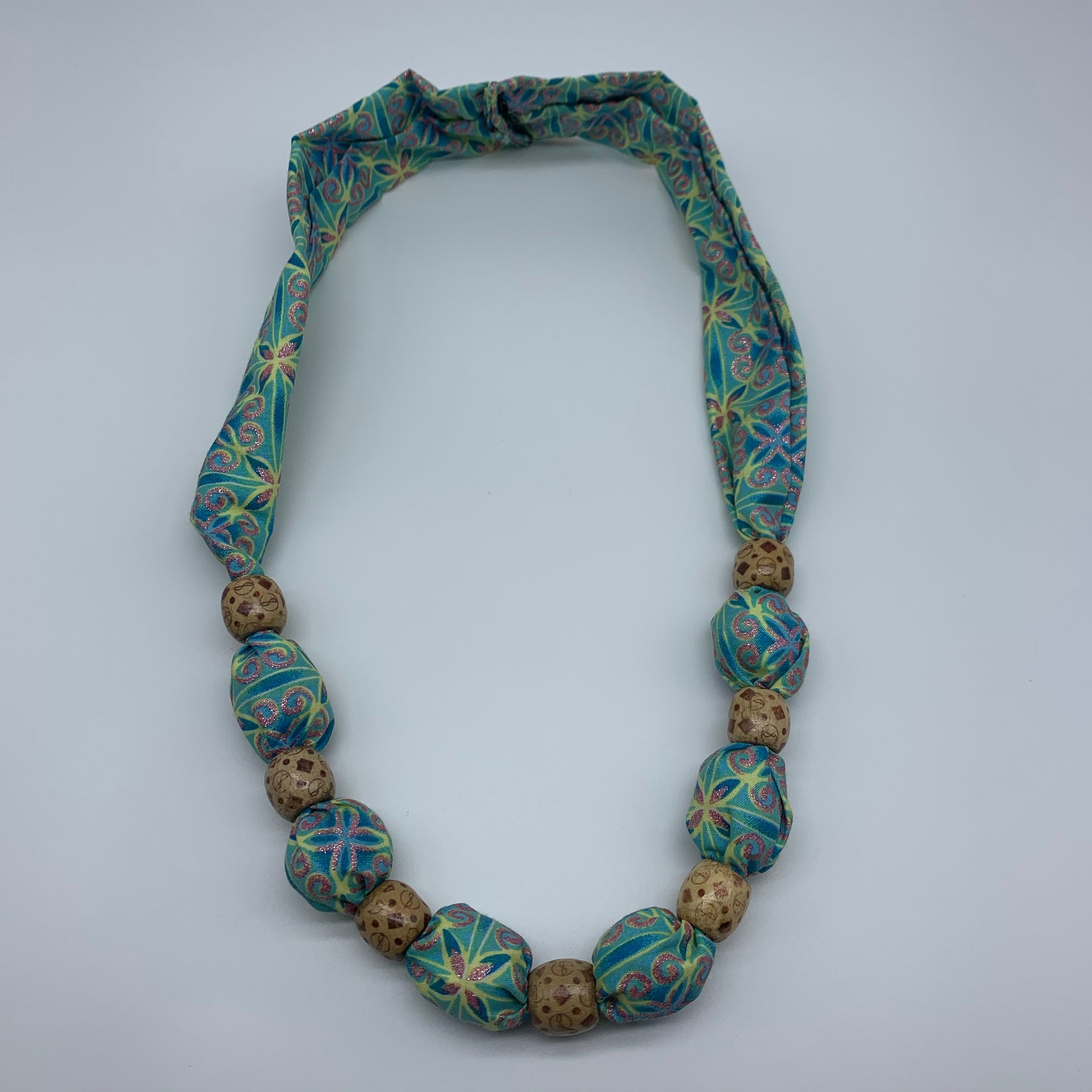 African Print Necklace W/Wooden Beads-Blue Variation 5 - Lillon Boutique