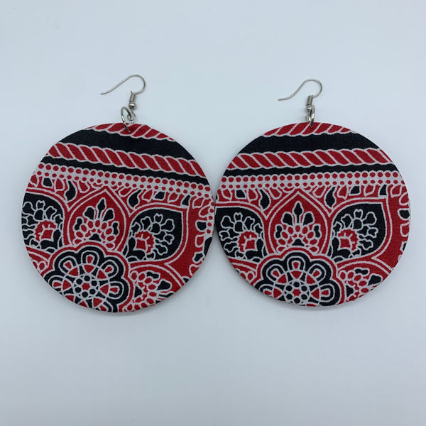 African Print Earrings-Round L Red Variation 4