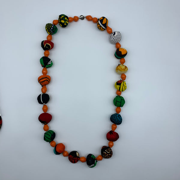 African Print Necklace W/Recycled Paper Beads-Orange Variation - Lillon Boutique