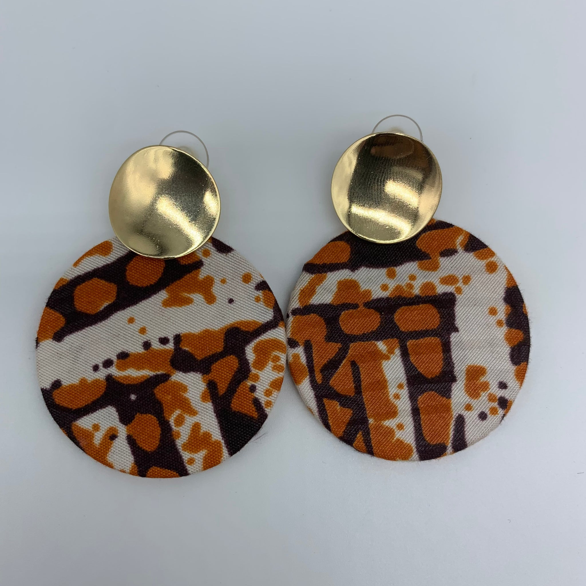 African Print Earrings-Metal Circle Brown Variation