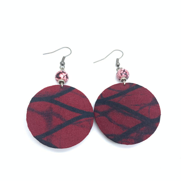 African Print Earrings W/ Beads-Round XS Red Variation 3