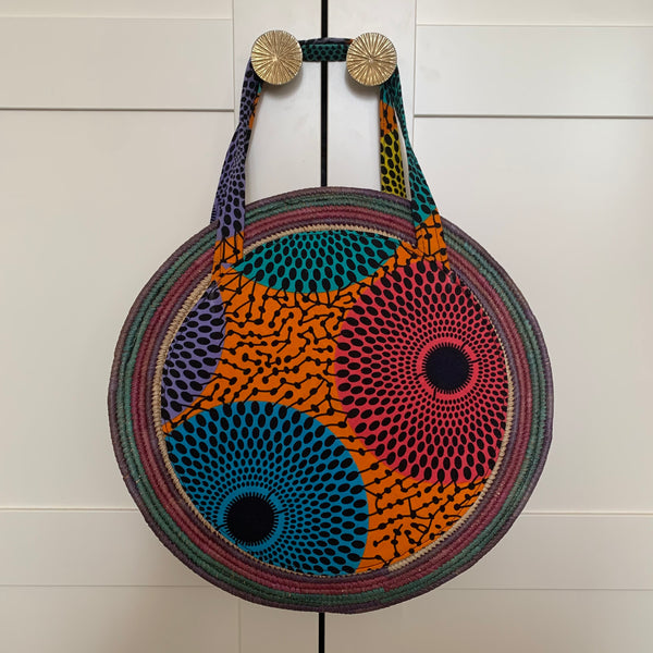 African Print W/Raffia Bag-Circle Multi Colour Variation