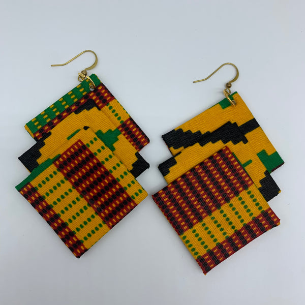 African Print Earrings-3 Squares Reversible Orange Variation 4