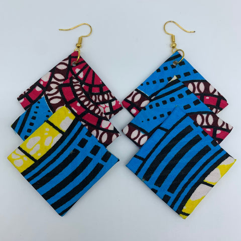 African Print Earrings-3 Squares Reversible Blue Variation
