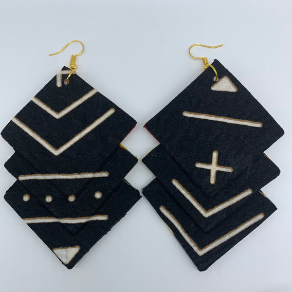 African Print Earrings-3 Squares Reversible Black Variation