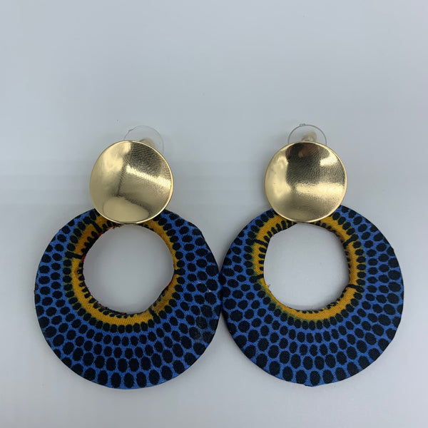 African Print Earrings-Metal Circle Blue Variation