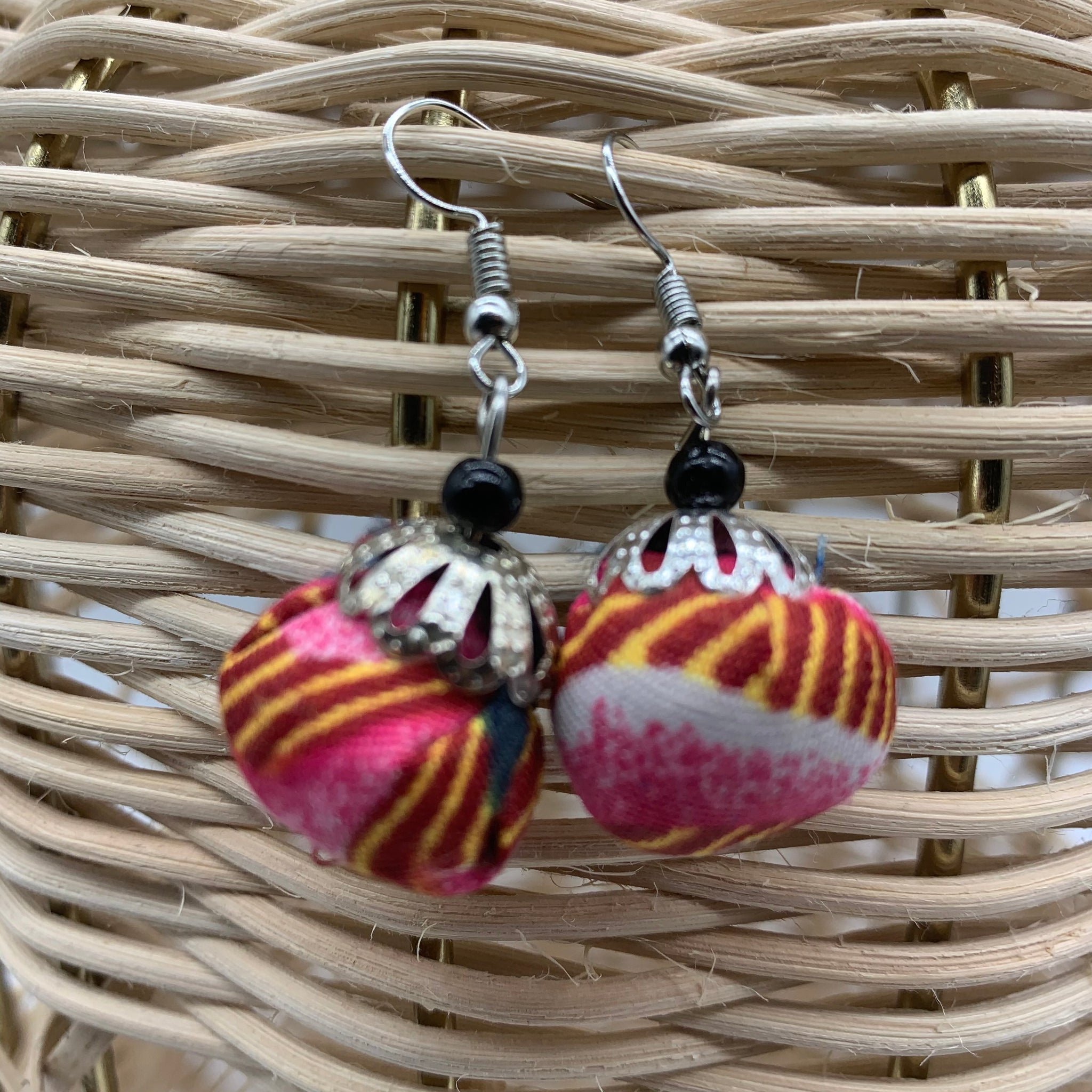 African Print Earrings W/ Beads-Puff Ball Pink Variation
