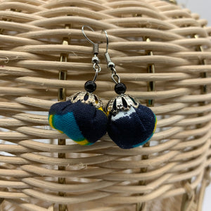 African Print Earrings W/ Beads-Puff Ball Blue Variation 6
