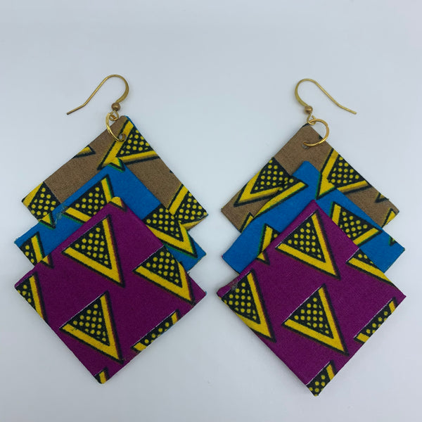 African Print Earrings-3 Squares Reversible Blue Variation 6