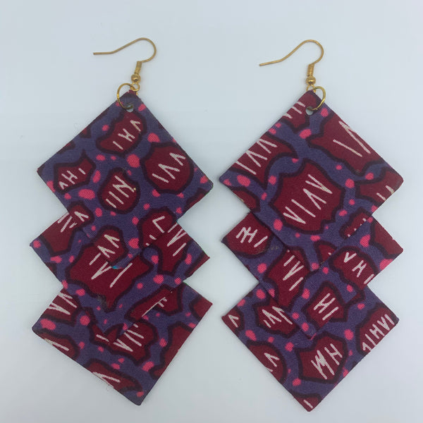 African Print Earrings-3 Squares Reversible Red Variation - Lillon Boutique