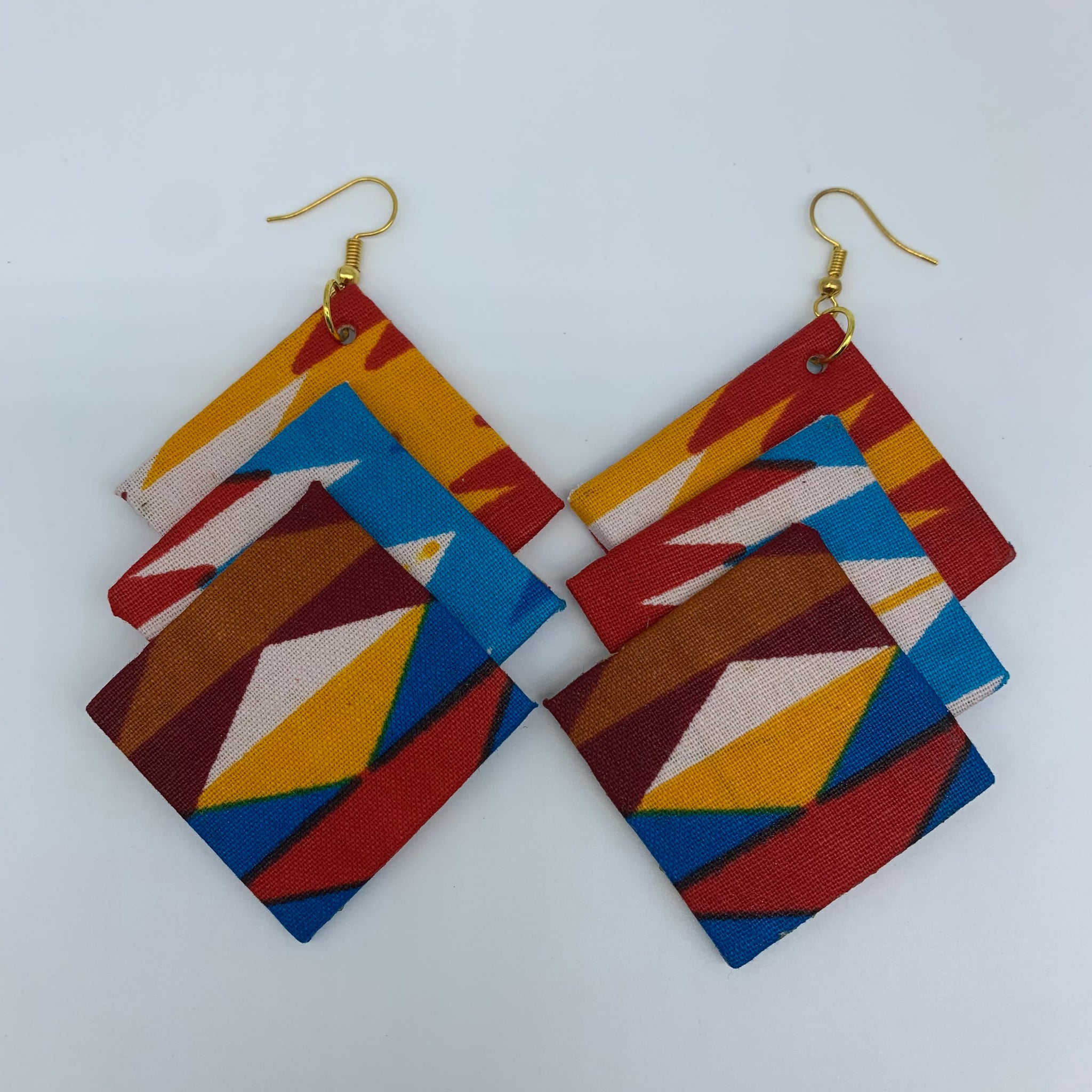 African Print Earrings-3 Squares Reversible Blue Variation 2