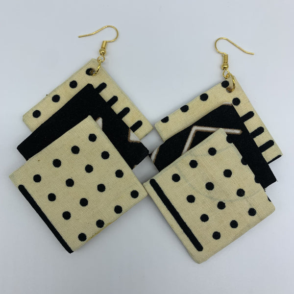 African Print Earrings-3 Squares Reversible Off White Variation 4