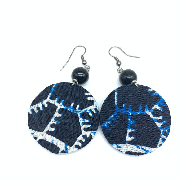 African Print Earrings W/ Beads-Round XS Blue Variation