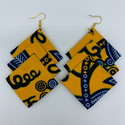 African Print Earrings-3 Squares Reversible Yellow Variation 4