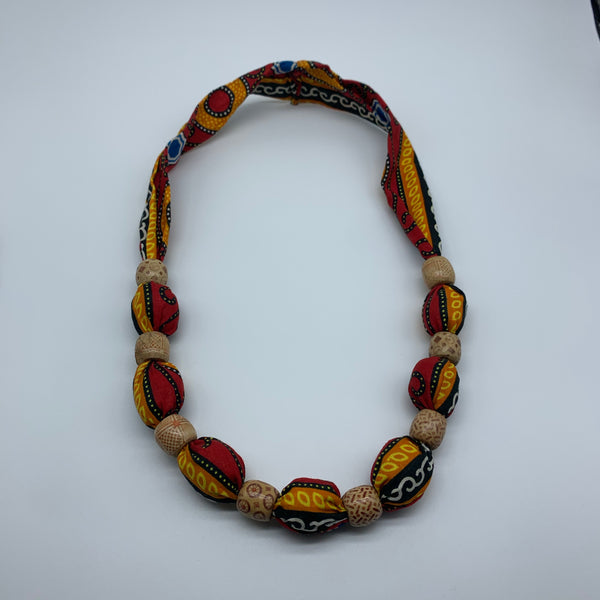 African Print Necklace W/Wooden Beads-Red Variation - Lillon Boutique