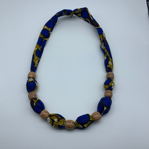 African Print Necklace W/Wooden Beads-Blue Variation 3 - Lillon Boutique
