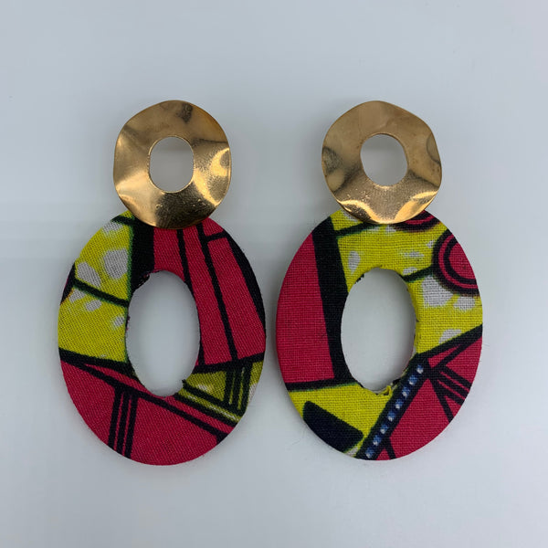 African Print Earrings-Metal Oval Pink Variation