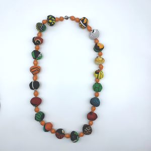 African Print Necklace W/Recycled Paper Beads-Orange Variation - Lillon Boutique