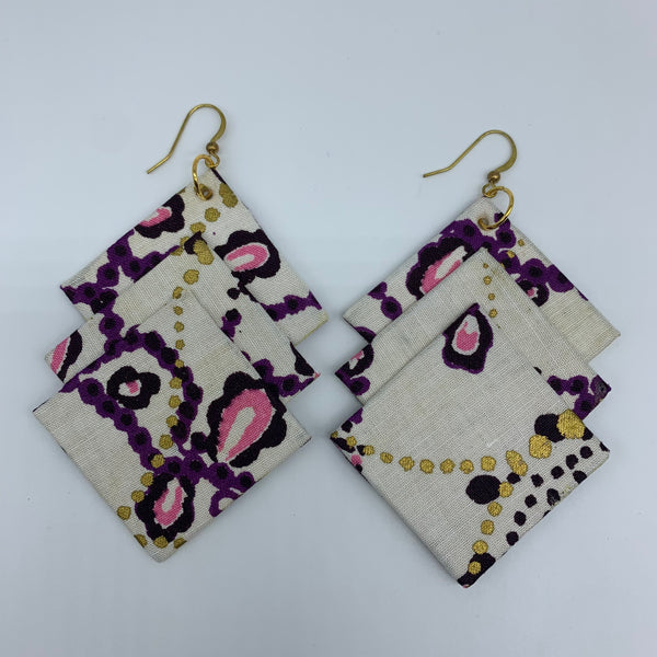 African Print Earrings-3 Squares Reversible White Variation
