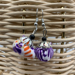 African Print Earrings W/ Beads-Puff Ball Purple Variation