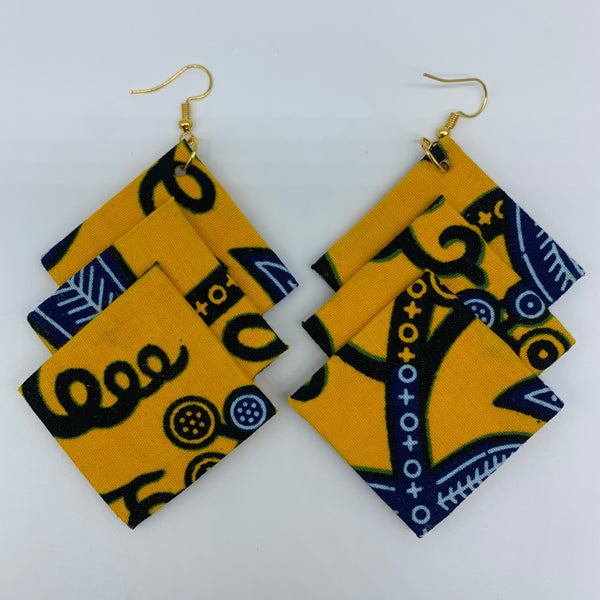 African Print Earrings-3 Squares Reversible Yellow Variation 4