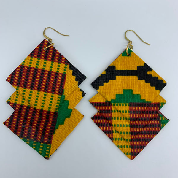 African Print Earrings-3 Squares Reversible Orange Variation 5