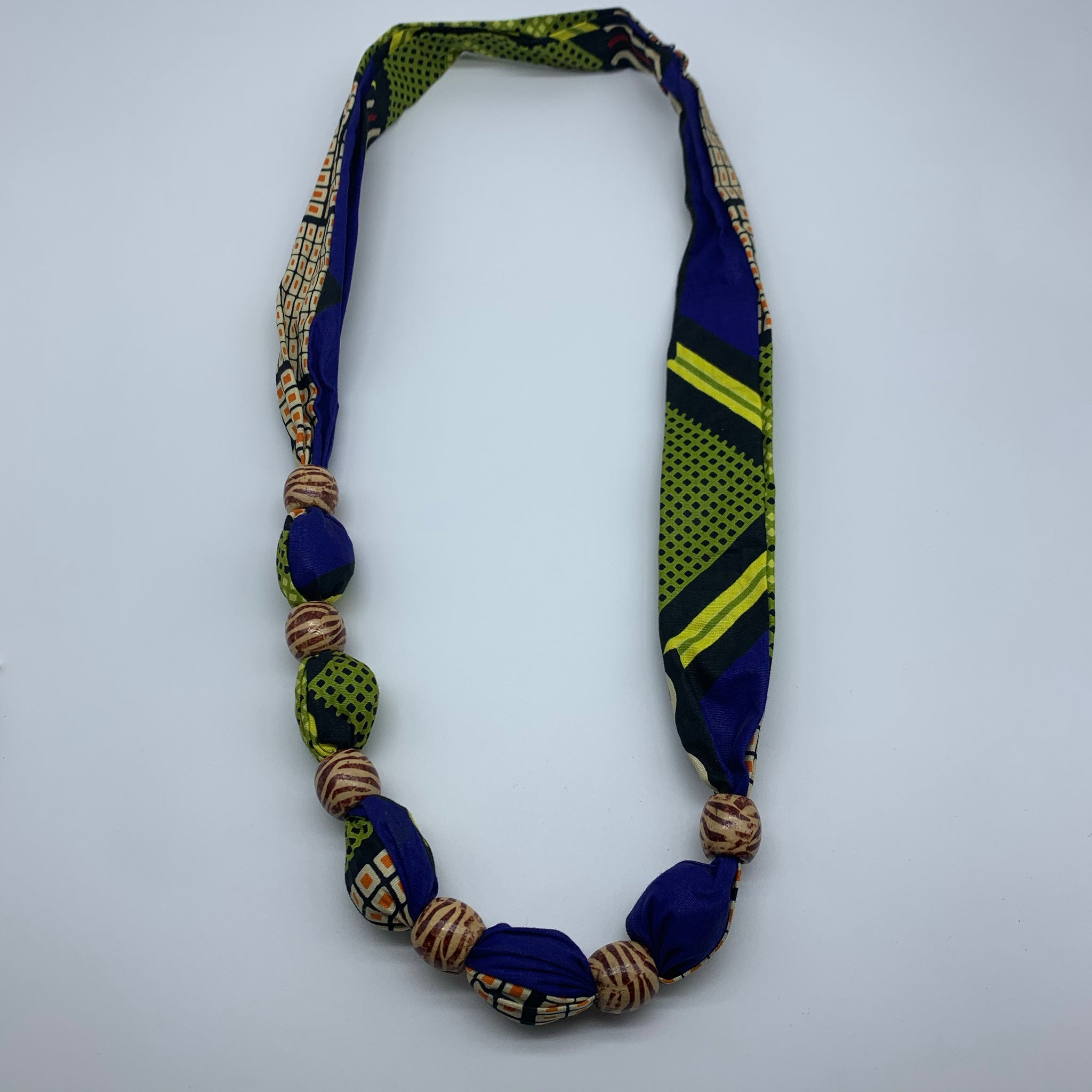African Print Necklace W/Wooden Beads- L Green Variation - Lillon Boutique