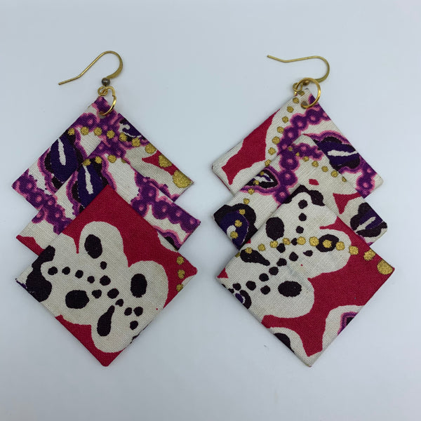 African Print Earrings-3 Squares Reversible Pink Variation