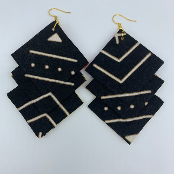 African Print Earrings-3 Squares Reversible Off White Variation 2