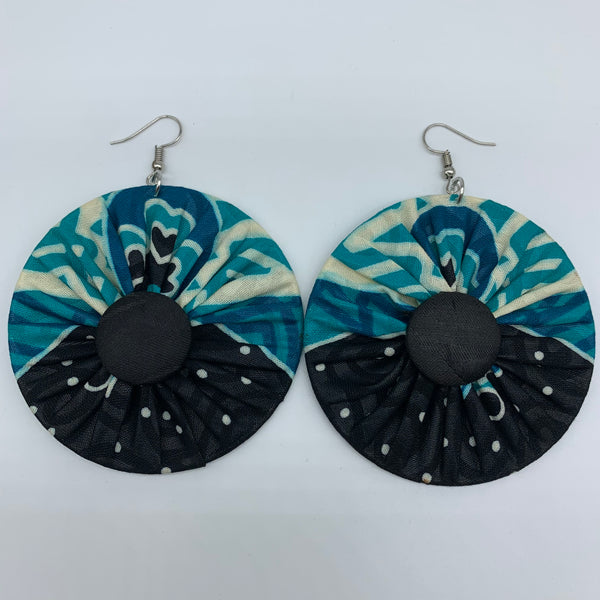 African Print Earrings-Round W/Button L Blue Variation