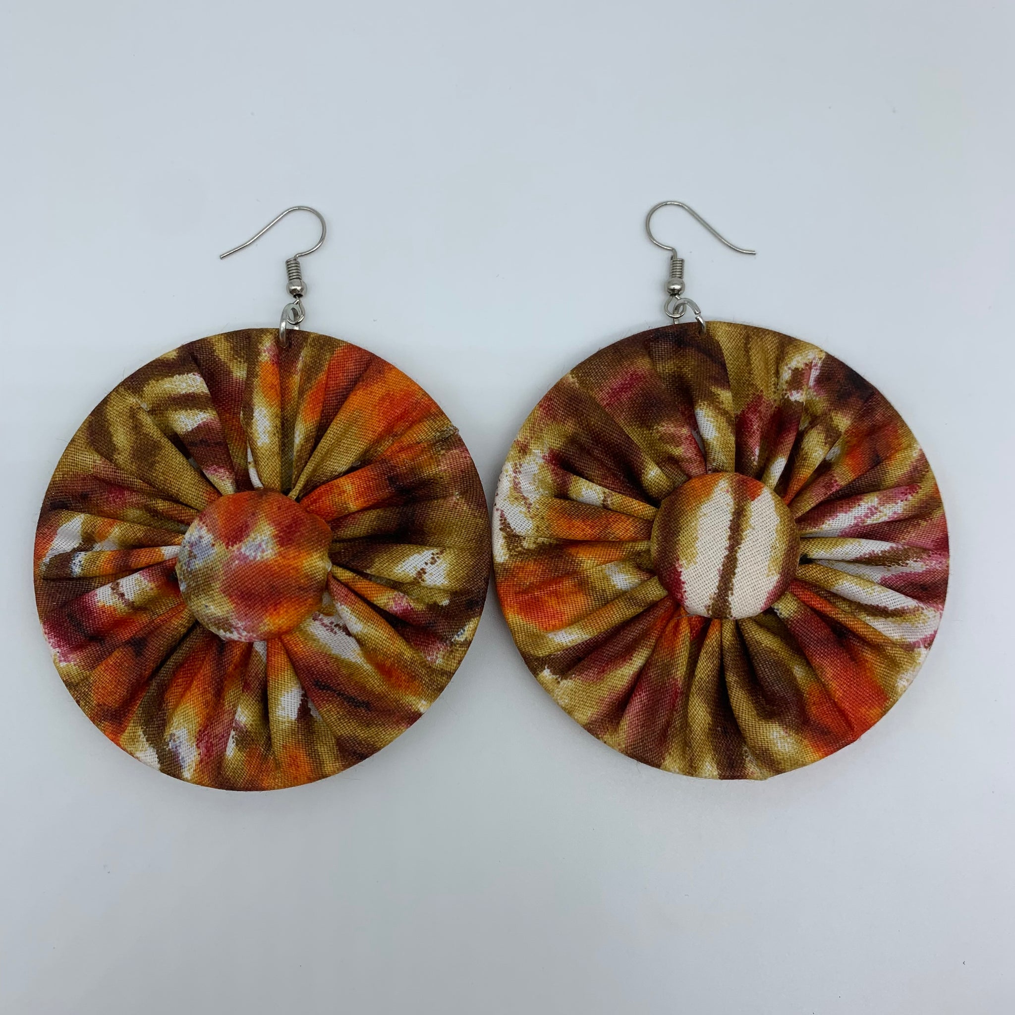 African Print Earrings-Round W/Button L Brown Variation 2