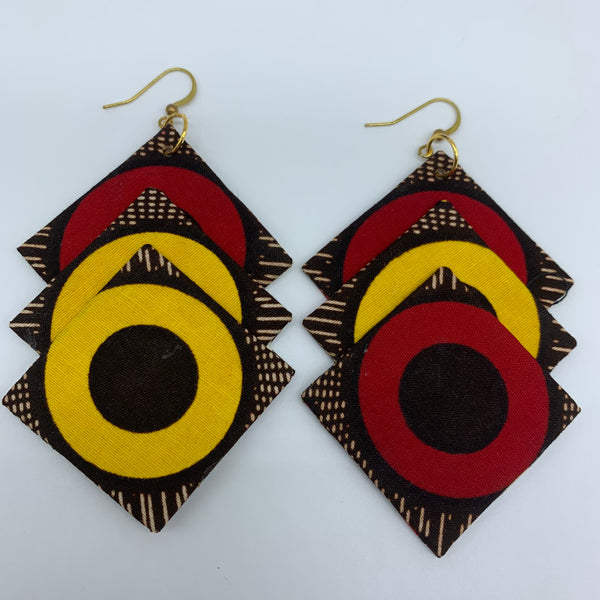 African Print Earrings-3 Squares Reversible Brown Variation 3