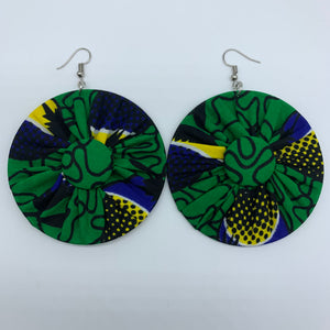 African Print Earrings-Round W/Button L Green Variation 2