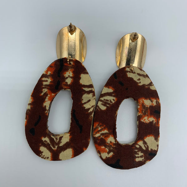 African Print Earrings-Metal Oval Brown Variation