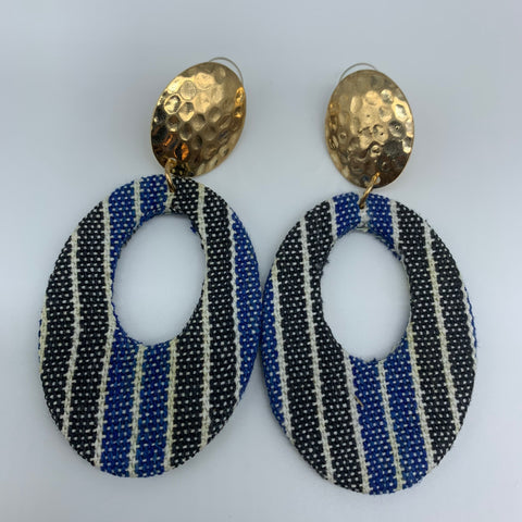 African Print Earrings-Metal Oval Blue Variation