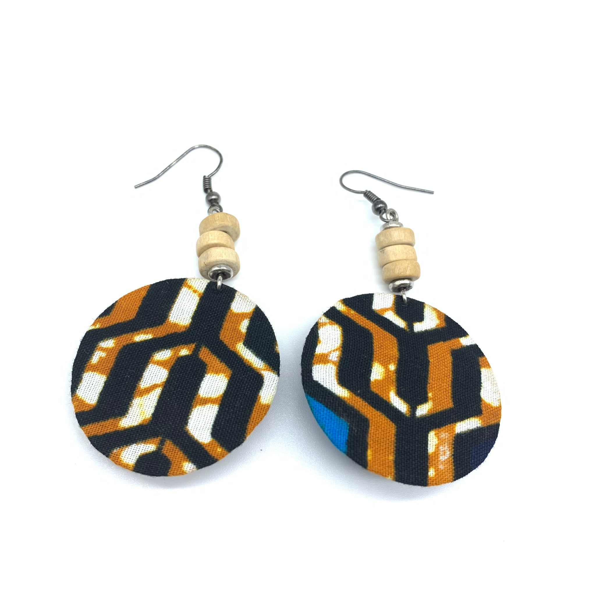 African Print Earrings W/ Beads-Round XS Brown Variation 2