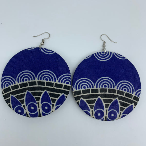 African Print Earrings-Round W/Button L Blue Variation 5