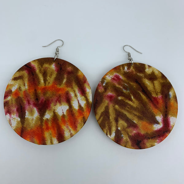 African Print Earrings-Round W/Button L Brown Variation 2