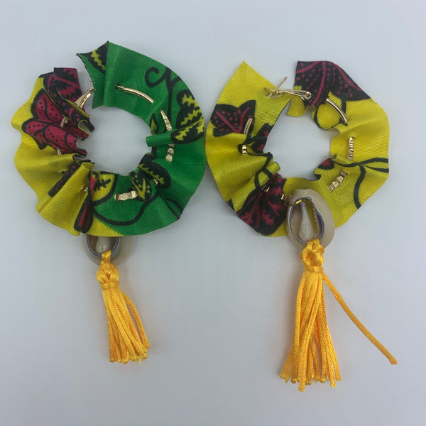 African Print W/Shell Earrings-Ruffle Hoops Yellow Variation - Lillon Boutique