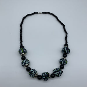 African Print Necklace W/Beads-Blue Variation 2