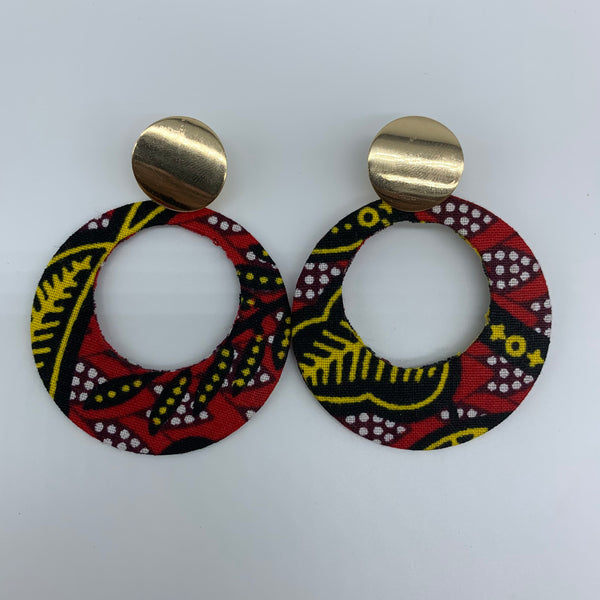 African Print Earrings-Metal Circle Red Variation