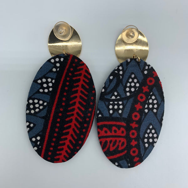 African Print Earrings-Metal L Oval Grey Variation