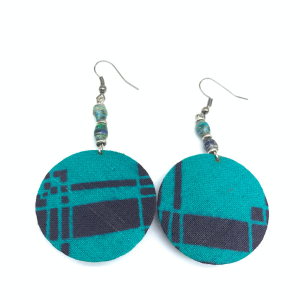 African Print Earrings W/ Beads-Round XS Green Variation 2