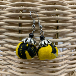 African Print Earrings W/ Beads-Puff Ball Yellow Variation 2