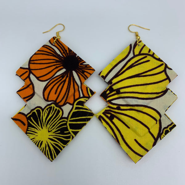 African Print Earrings-3 Squares Reversible Yellow Variation 3