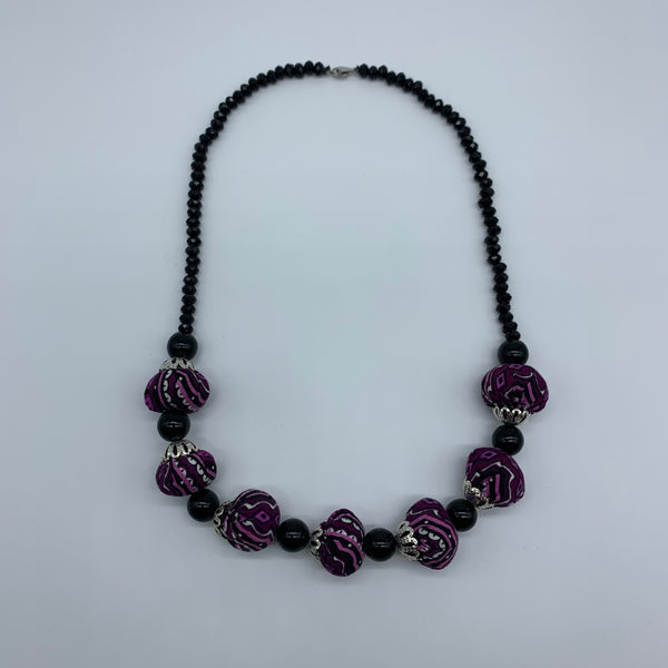 African Print Necklace W/ Beads-Purple Variation 3 - Lillon Boutique