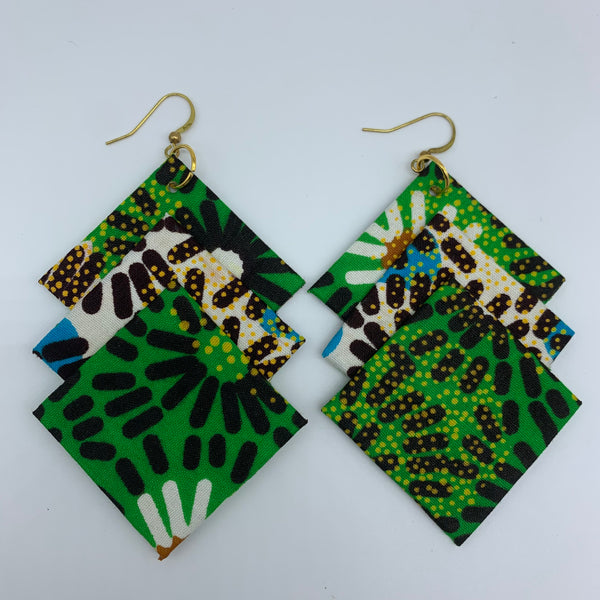 African Print Earrings-3 Squares Reversible Green Variation 3